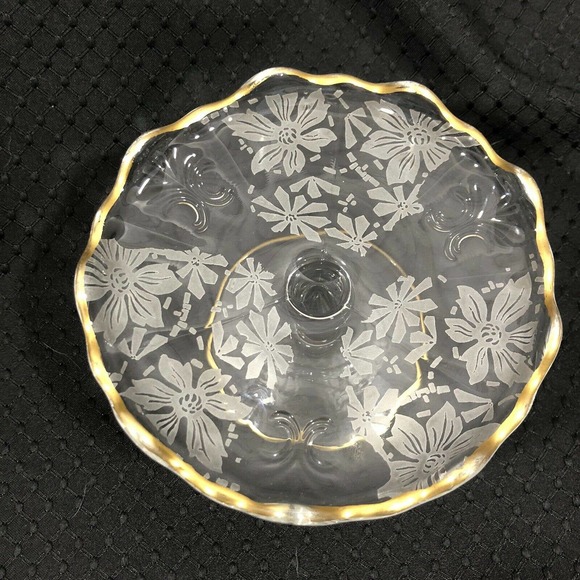 Glass Etched Pedestal Compote Dish Gold Trim - Picture 2 of 7